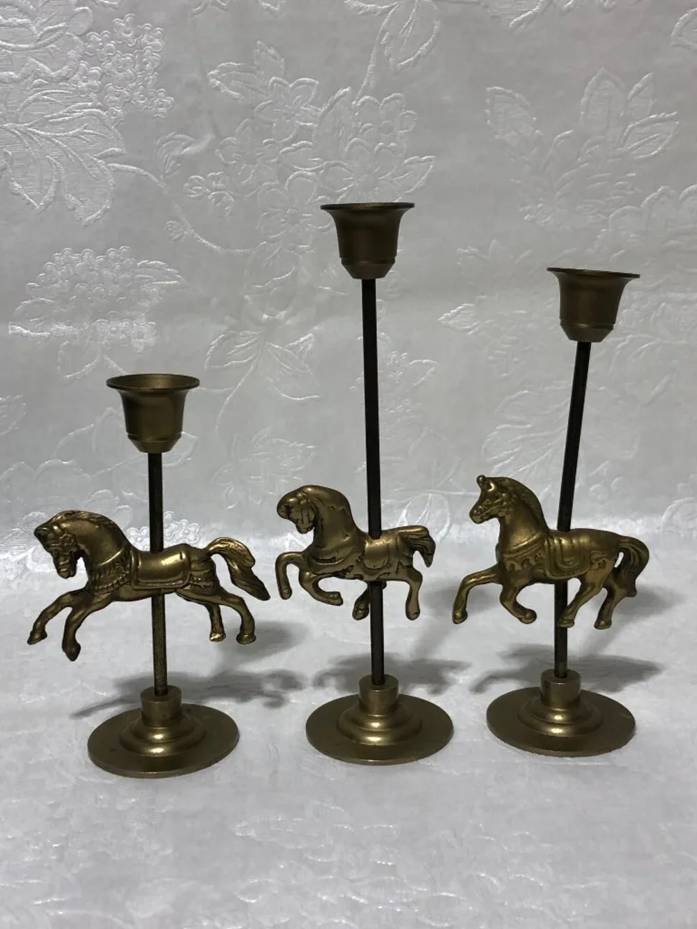 Vintage brass carousel horse candlestick holders set of 3